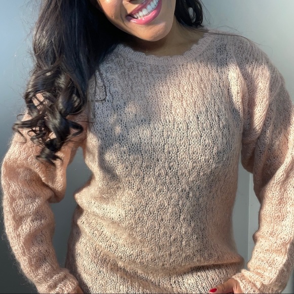 Vintage 90s fuzzy mohair acrylic light pastel pink long line tunic knit sweater - Picture 9 of 9